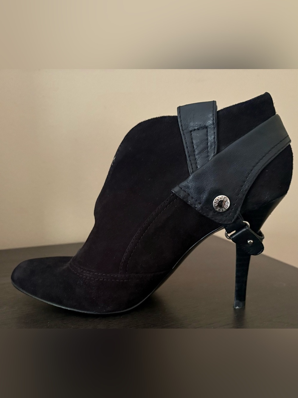 GUESS Black Suede Ankle Bootie with Fold-Over Leather Cuff